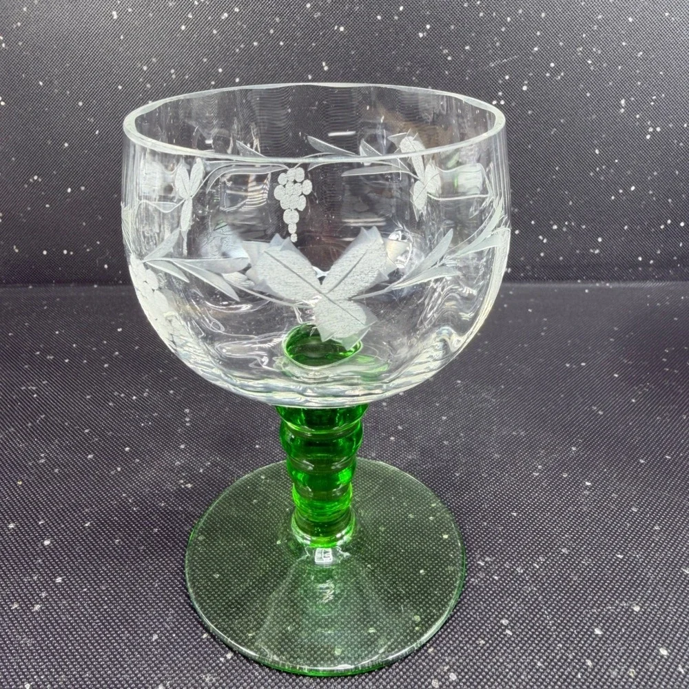 Vintage Roemer Etched Grape Wine Glasses Green Beehive Stem Set of 2 Cups VTG